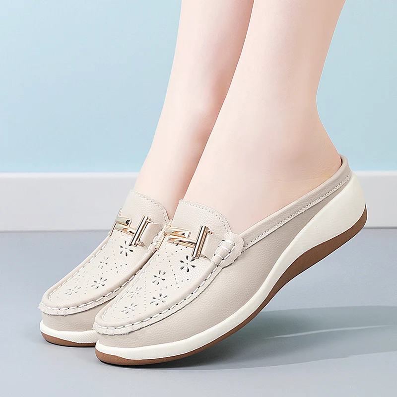 Women's Mules Shoes Hollow‑Cut Slip‑On Backless Loafers Comfort Walking Shoes Metal Decoration Casual Slide Sandals for Ladies image 6