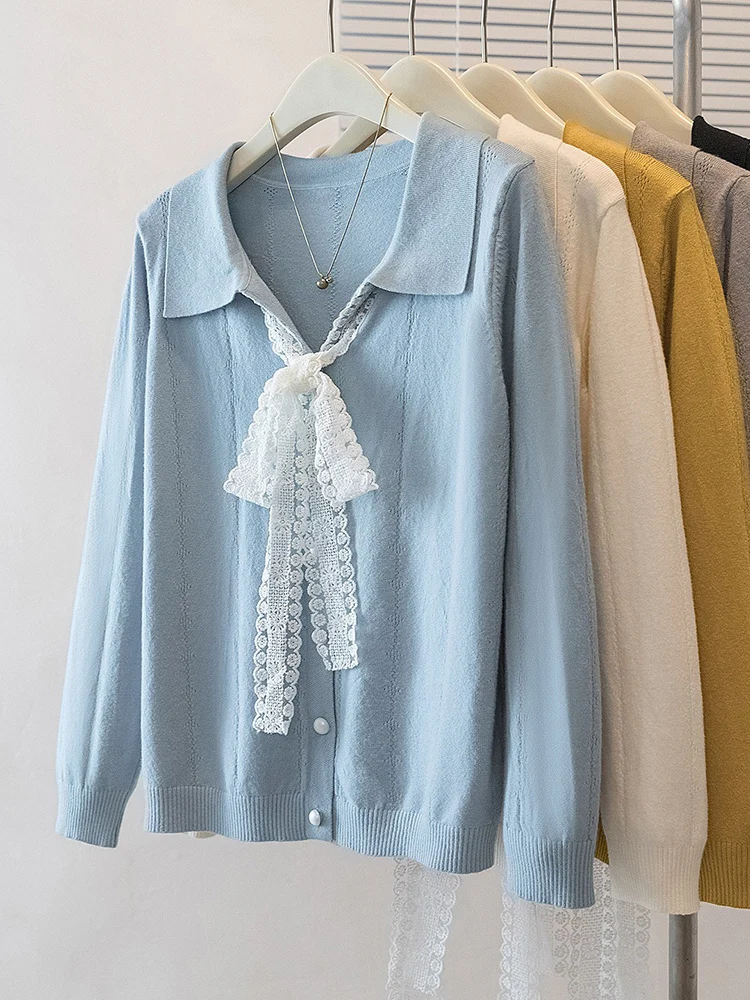 

plus Size Women's Casual Style Knitted Top Lace Splicing Slimming Sweater Spring New Design Comfortable Loose Fit Long Sleeve