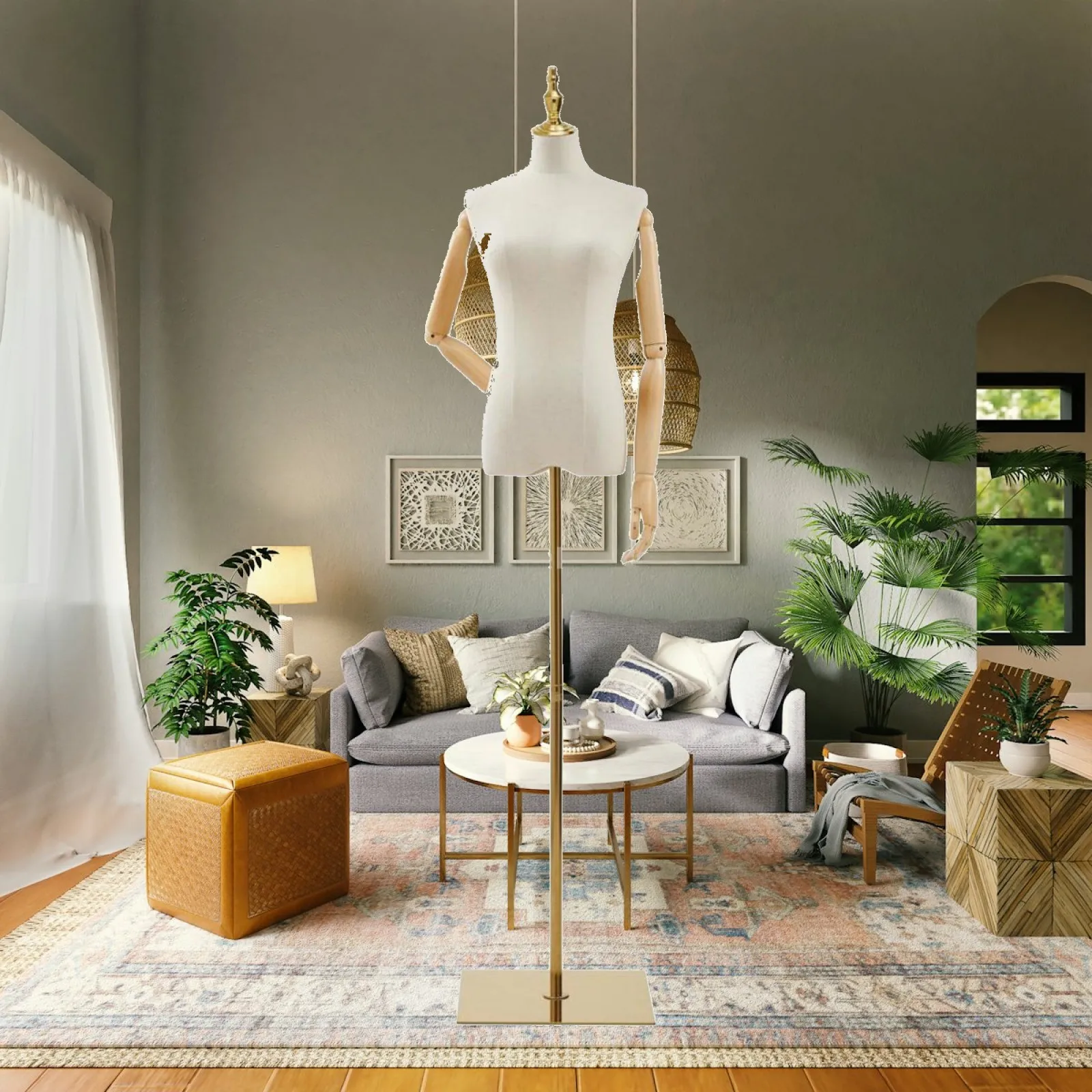 Realistic Female Mannequin Body Form with Articulated Wooden Arms for Tailor Shop and Clothing Exhibition