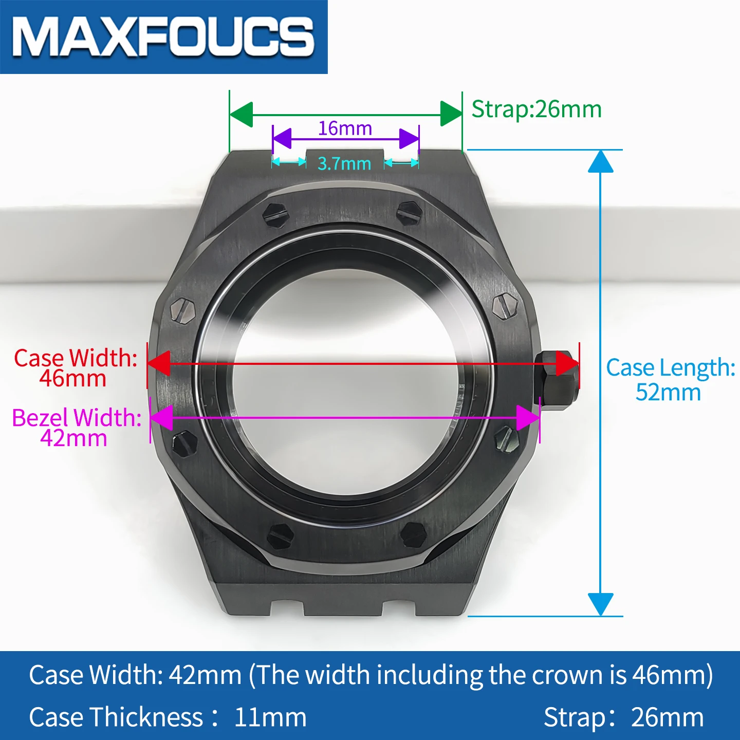 A.P Uhrengehäuse MOD NH35 NH36 4R36 Edelstahl Schwarz Gold Silber Krone Saphirglas Glänzend/Gebürstet Uhrengehäuse Teile Schwarz – Detail 4