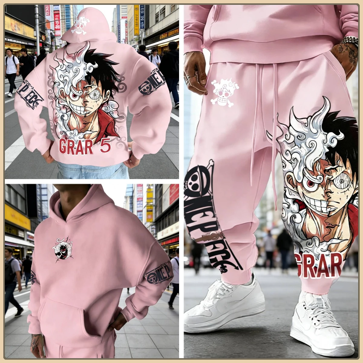 طقم سراويل لوفي بغطاء للرأس من قطعة واحدة مكون من قطعتين ملابس شارع كاجوال للرجال مع طباعة شخصية على الظهر والأكمام بدلة رياضية قطنية فضفاضة #5