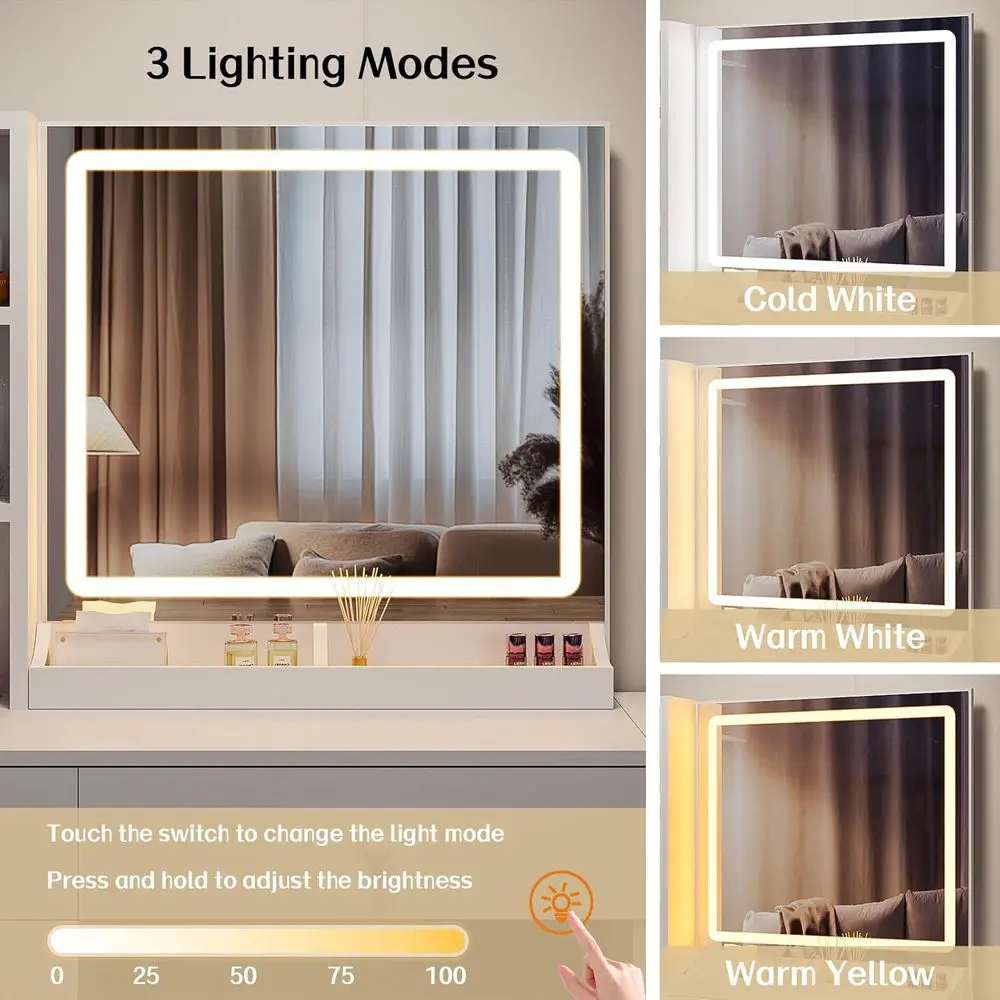 Bureau de maquillage blanc éclairé avec rangement, chargement et 3 modes d'éclairage pour vanité de chambre à coucher