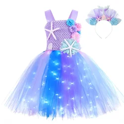 Girls The Little Mermaid Glowing Tutu Dresses for Kids Halloween Ariel Cosplay Costumes Children Birthday Sea Theme Party Dress