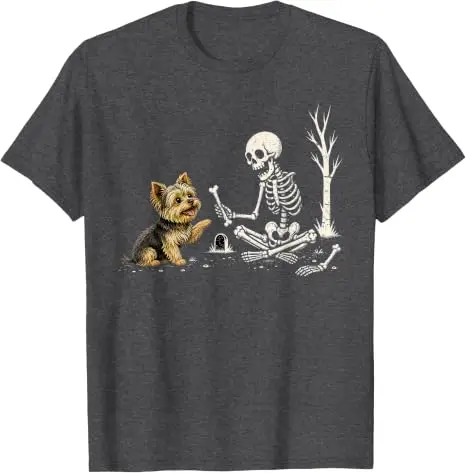 Lustiges Yorkie-Skelett und Halloween-Kostüm-Totenkopf-T-Shirt Y2K Niedlicher Welpe Hund Papa Mama Grafik-Bekleidung Halloween Haustierliebhaber-T-Shirts – Detail 15