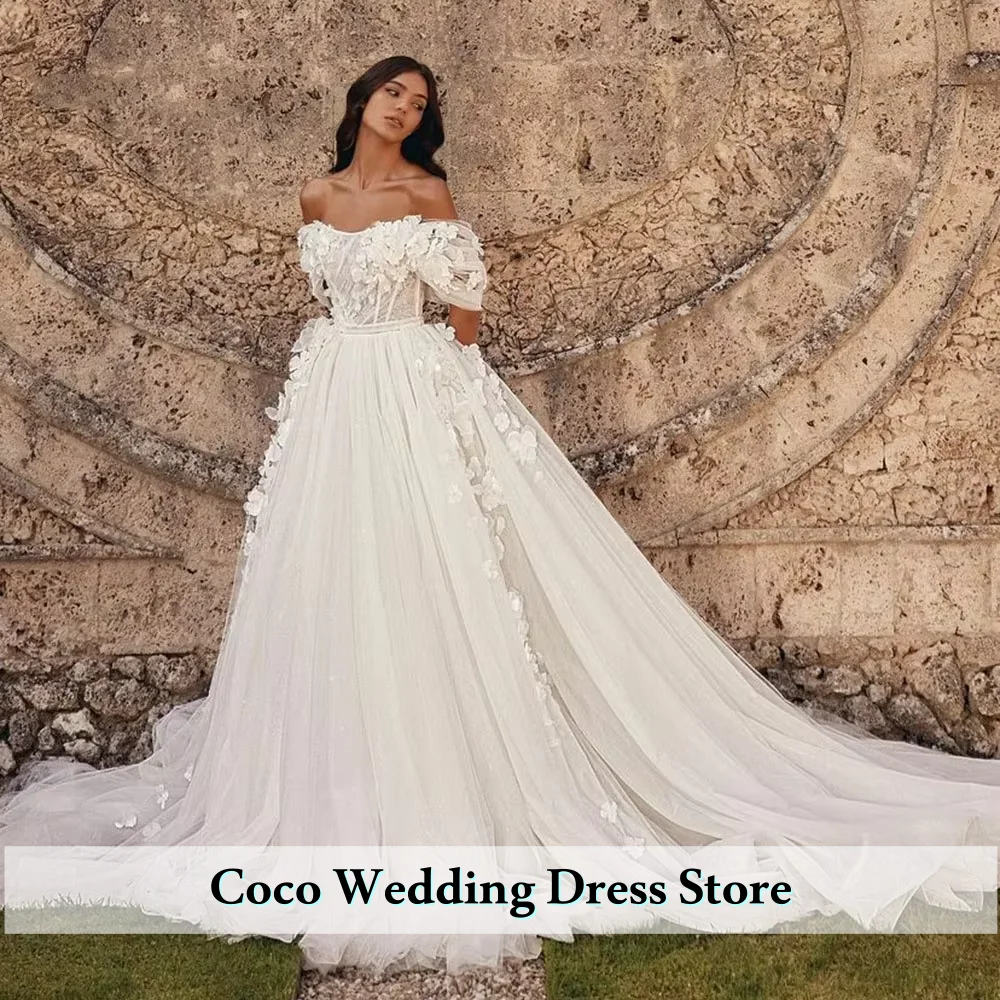 ชุดแต่งงานแบบเปิดไหล่สุดหรูสำหรับผู้หญิง แต่งลูกไม้สไตล์โบฮีเมียน ชุดเจ้าสาวสำหรับงานแต่งริมชายหาด