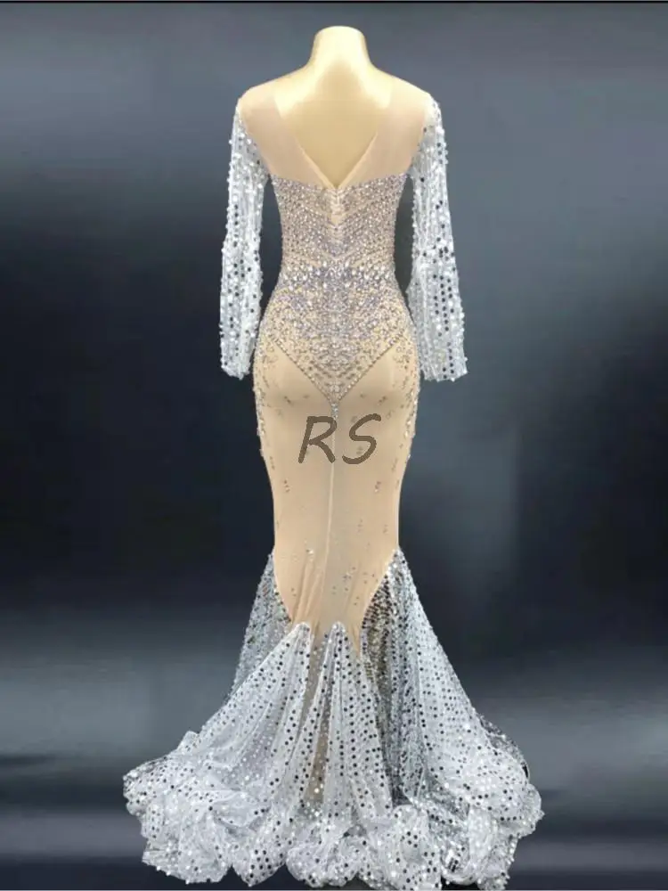 Rhinestone Sexy Long Sleeves Transparent Sequins Train Dress Evening Birthday Costume