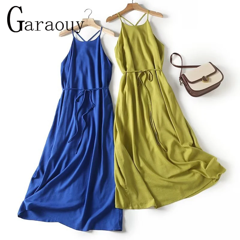 Garaouy 2023 Summer New Women Linen Halter Long Dress Sexy Lady Sleeveless Backless Elegant Midi Beach Dresses Vacation Sundress