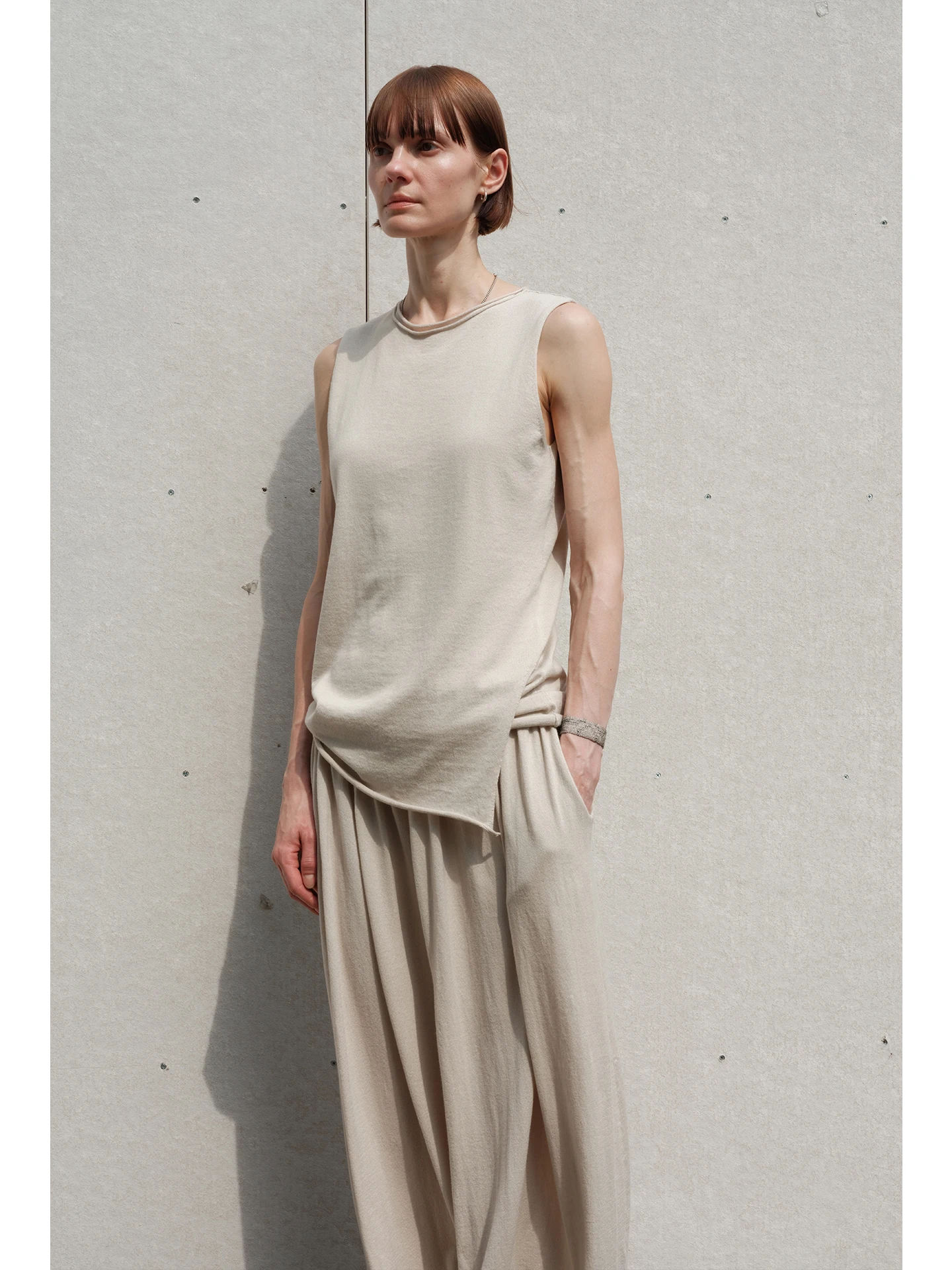 Toughsen Original Design Knitted Vest Double Layer Asymmetric Side Split Cuffed Neck Straight Body Sleeveless Cotton Silk