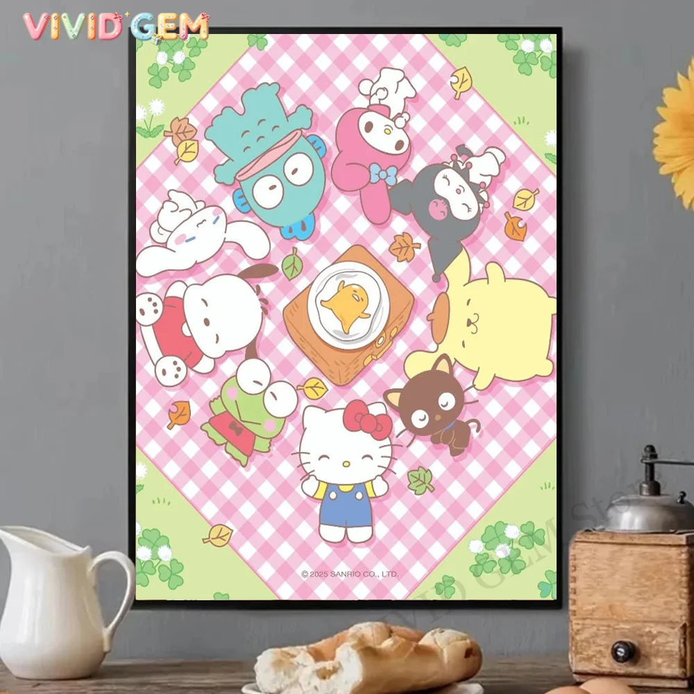 VIVID GEM 5D DIY Diamantmalerei Hello Kitty Sanrio Kit Sanrio Familie Picknick Garten Kunst Vollbohr-Strassmosaik Wanddekoration