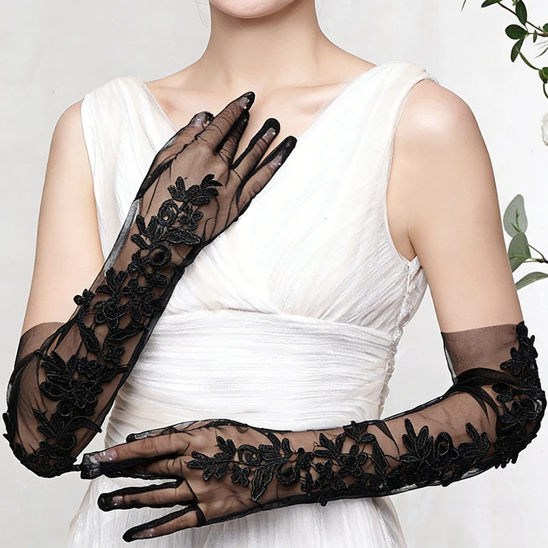 

53cm Women's Long Sheer Black Lace Gloves Floral Embroidered Opera Elegant Bridal Wedding Evening Party Prom Thin
