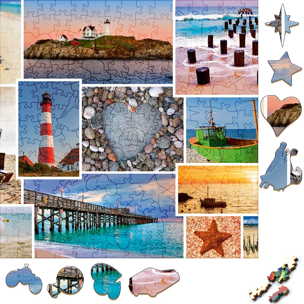 Amazing Wooden Puzzles Beautiful Seascape Collage Wood Jigsaw Puzzle Craft Irregular Family Interactive Puzzle Gift for Friend