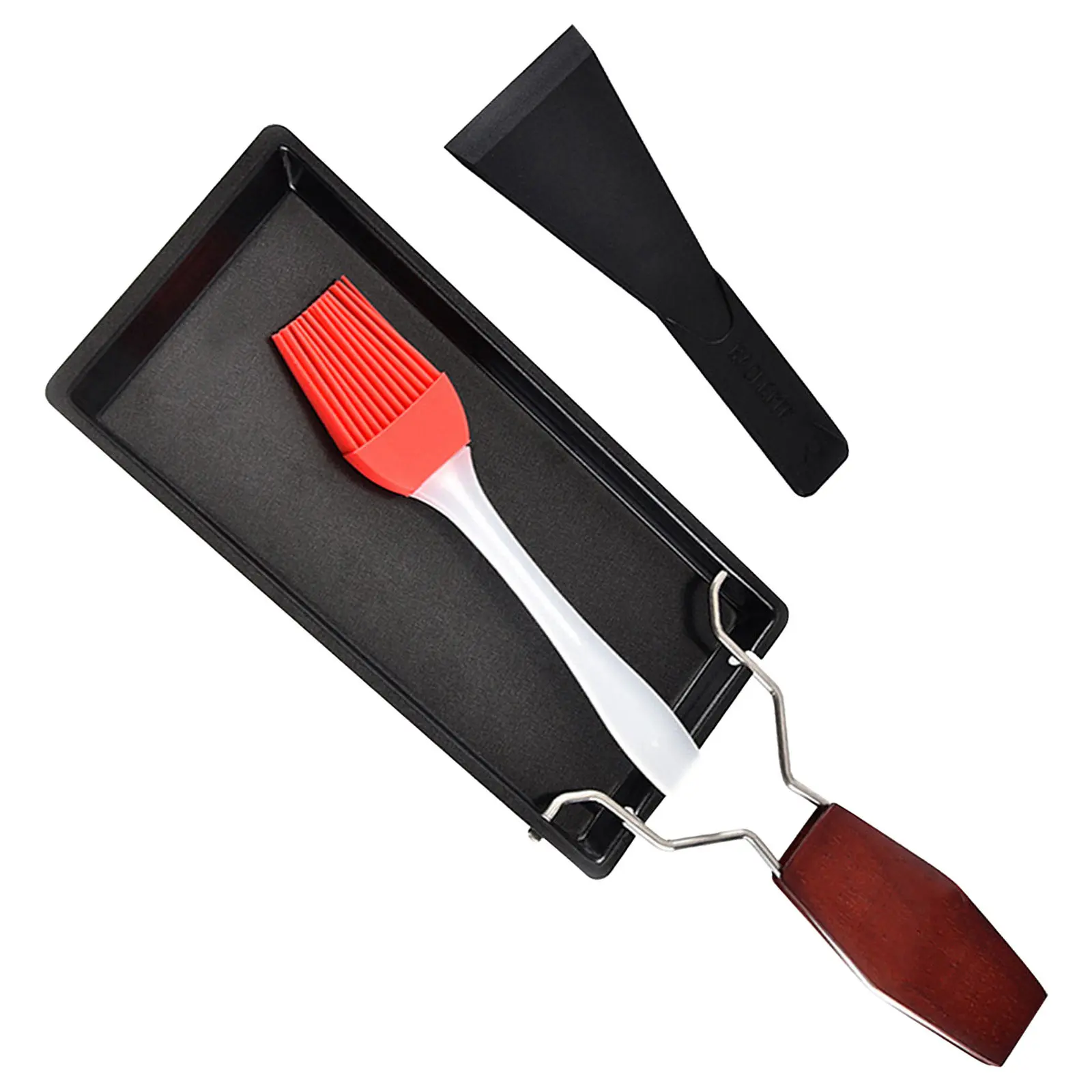 1Set Cast Iron Bbq Pan Set Black with Wood Handle Flat Base Griddle Frying Steak Comal Pan for Chicken Fish Burgers Vegetables