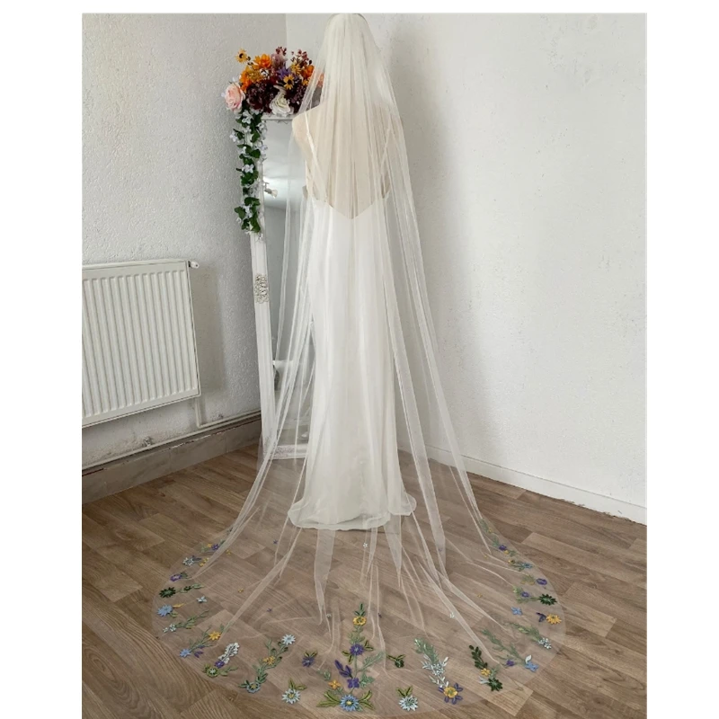 Coloreful Floral Wedding Bridal Veils With Comb Accessories For Bride Yellow Green Blue Purple Long Flowers Embroidered Tulle