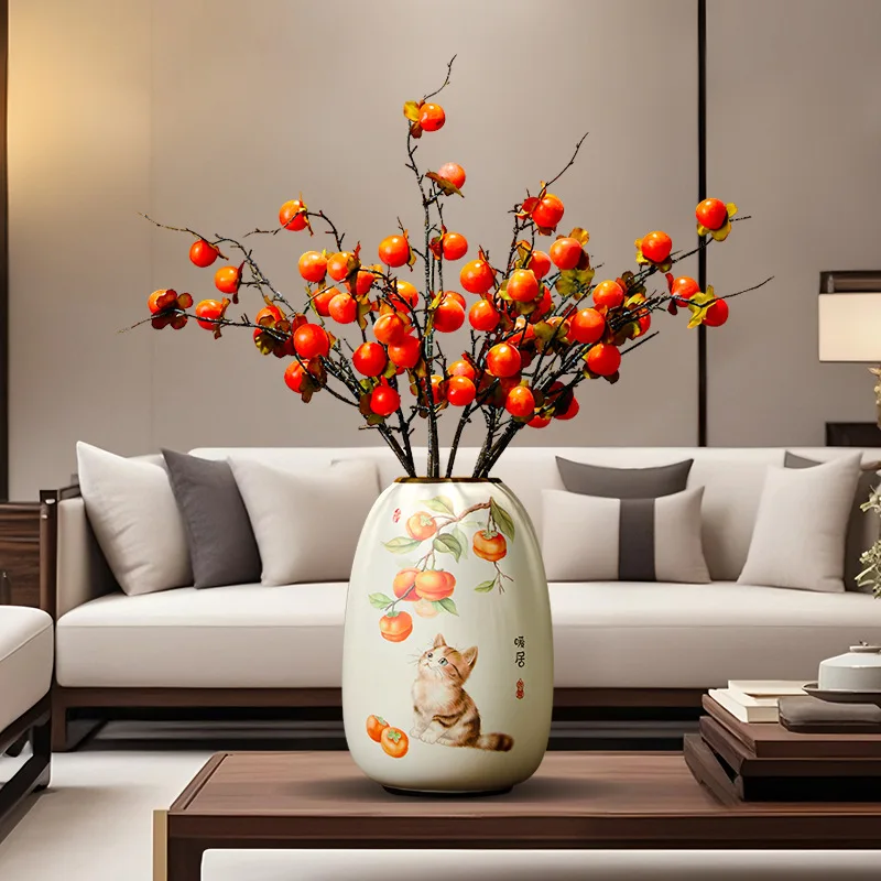 Persimmon Ruyi ceramic vase ornament, living room entrance TV cabinet decoration, new Chinese antique home furnishing