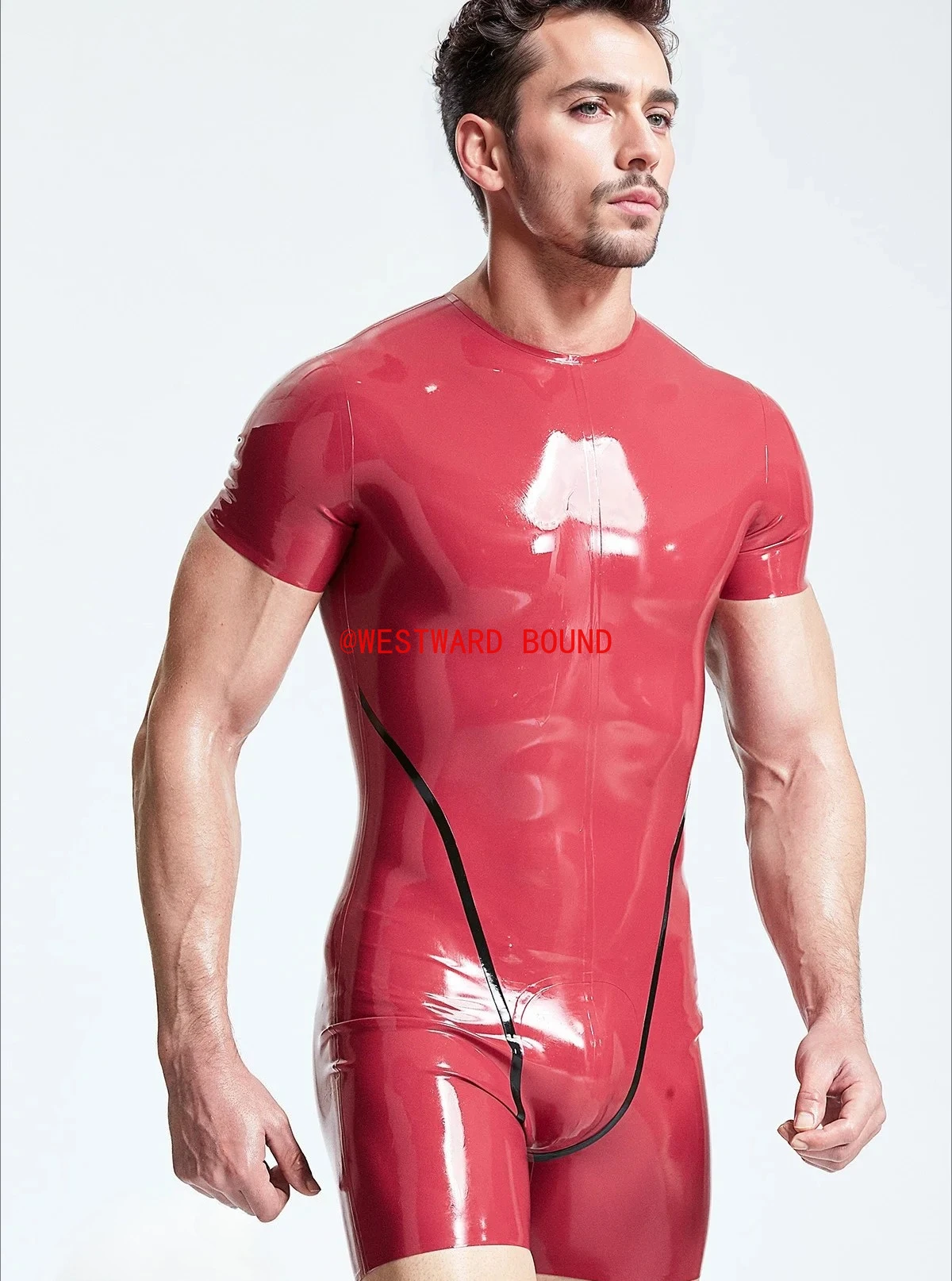 

Резиновый комбинезон по индивидуальному заказу, мужской красный латексный боди с короткими рукавами, черный резиновый фетиш-клубный костюм ручной работы