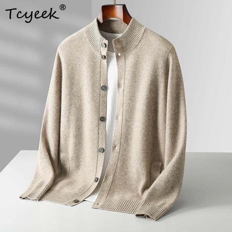 Retro Autumn Winter Clothes Men's Sweater Cardigan 100% Merino Wool Cardigan Mock Neck Single Breasted Knitwear Mature Coat Tops