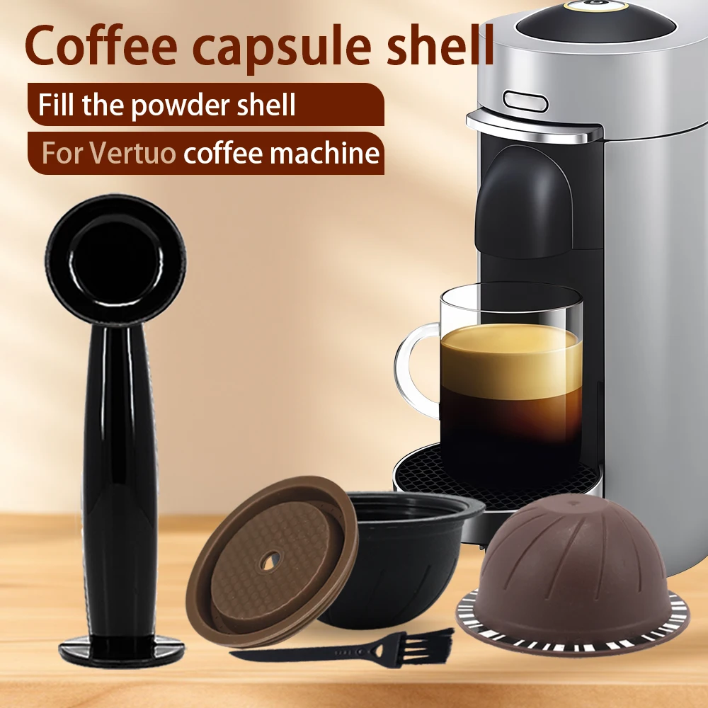 Brown 150ml+Black 230ml Coffee Capsule Filter Shell with Silicone Cover, Powder Spoon Cleaning Brush Suitable for Vertuo