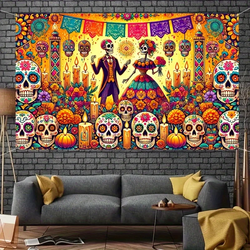 Fun Day Of The Dead Skull And Marigold Halloween Day Of The Dead Banner Suitable For Photography Background Cloth Party And