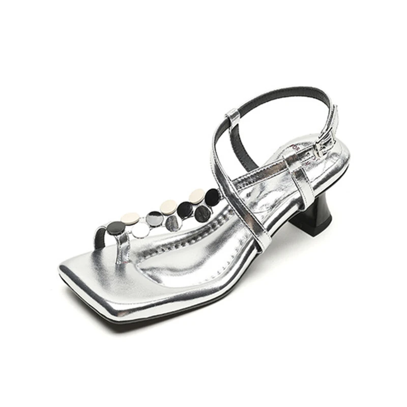 

Elegant High Heel Sandals Summer New Unique Metal Decor Upper Banquet Female Sandals Split Toe Design Square Head Ladies Pumps