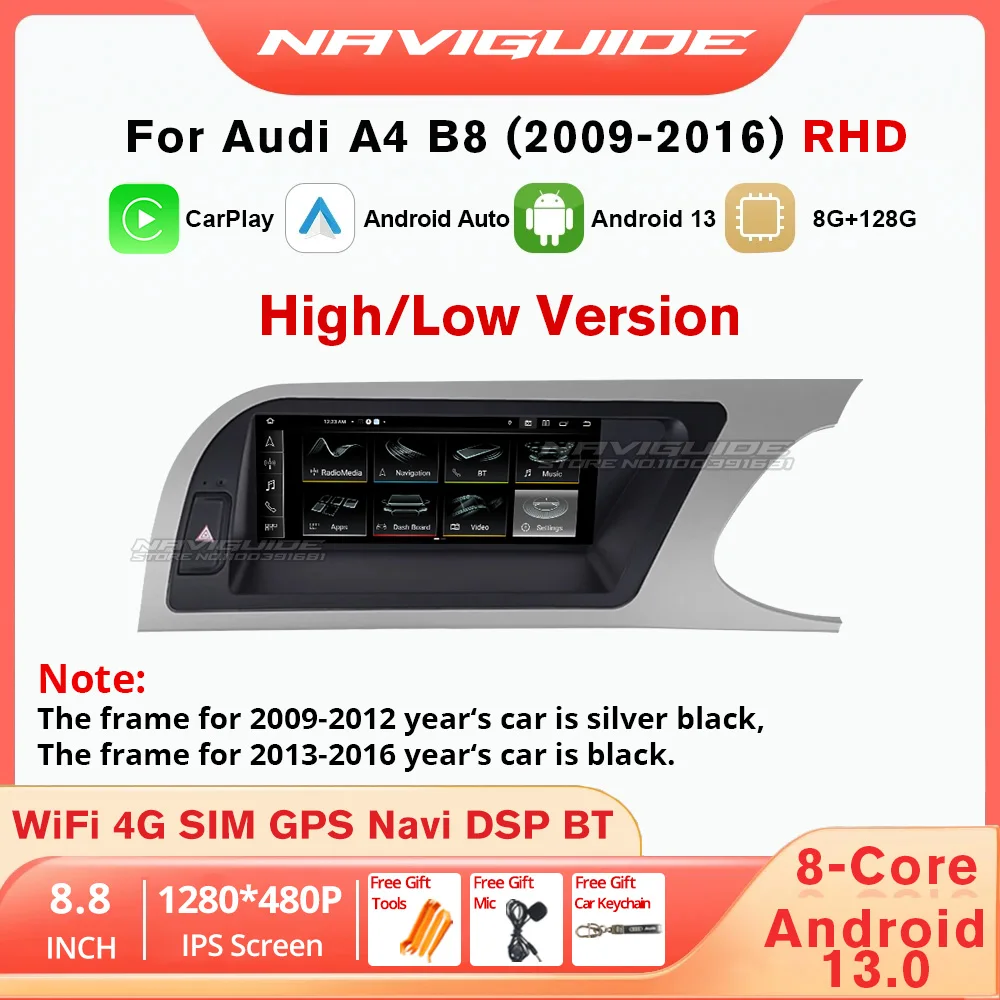 

NAVIGUIDE 8.8'' Android 13 Car Radio For Audi A4 B8 RHD 2009-2016 Multimedia Player GPS CarPlay Auto Screen WIFI 4G BT Headunit