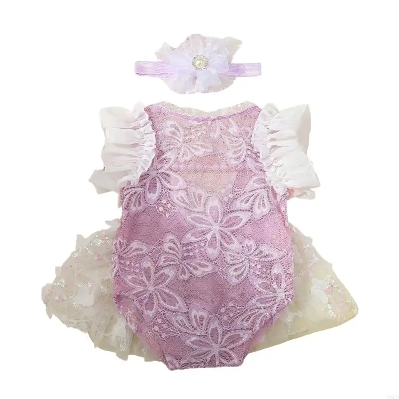 

Infant Girl Photo Romper Delicate Lace Detail V Neck Back Design Professional Newborn Photography Prop Studio Portrait Outfit