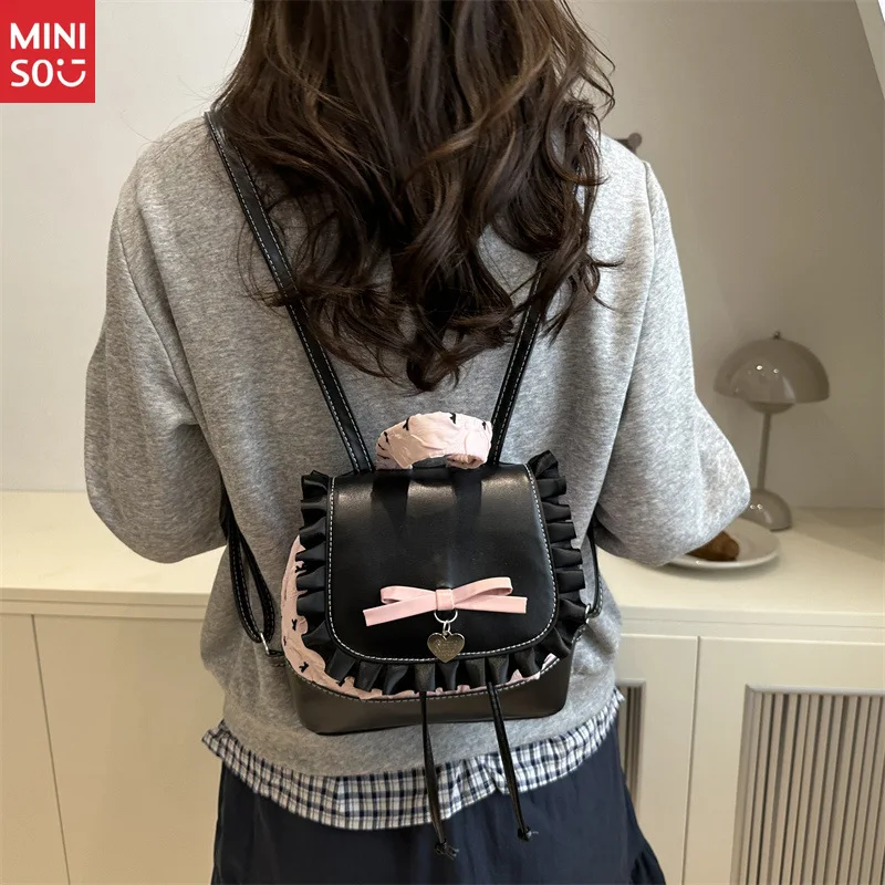 حقيبة ظهر من الدانتيل من Miniso 2025 للنساء، حقيبة يد لطيفة على شكل فيونكة وحقيبة كتف، عصرية وبسيطة