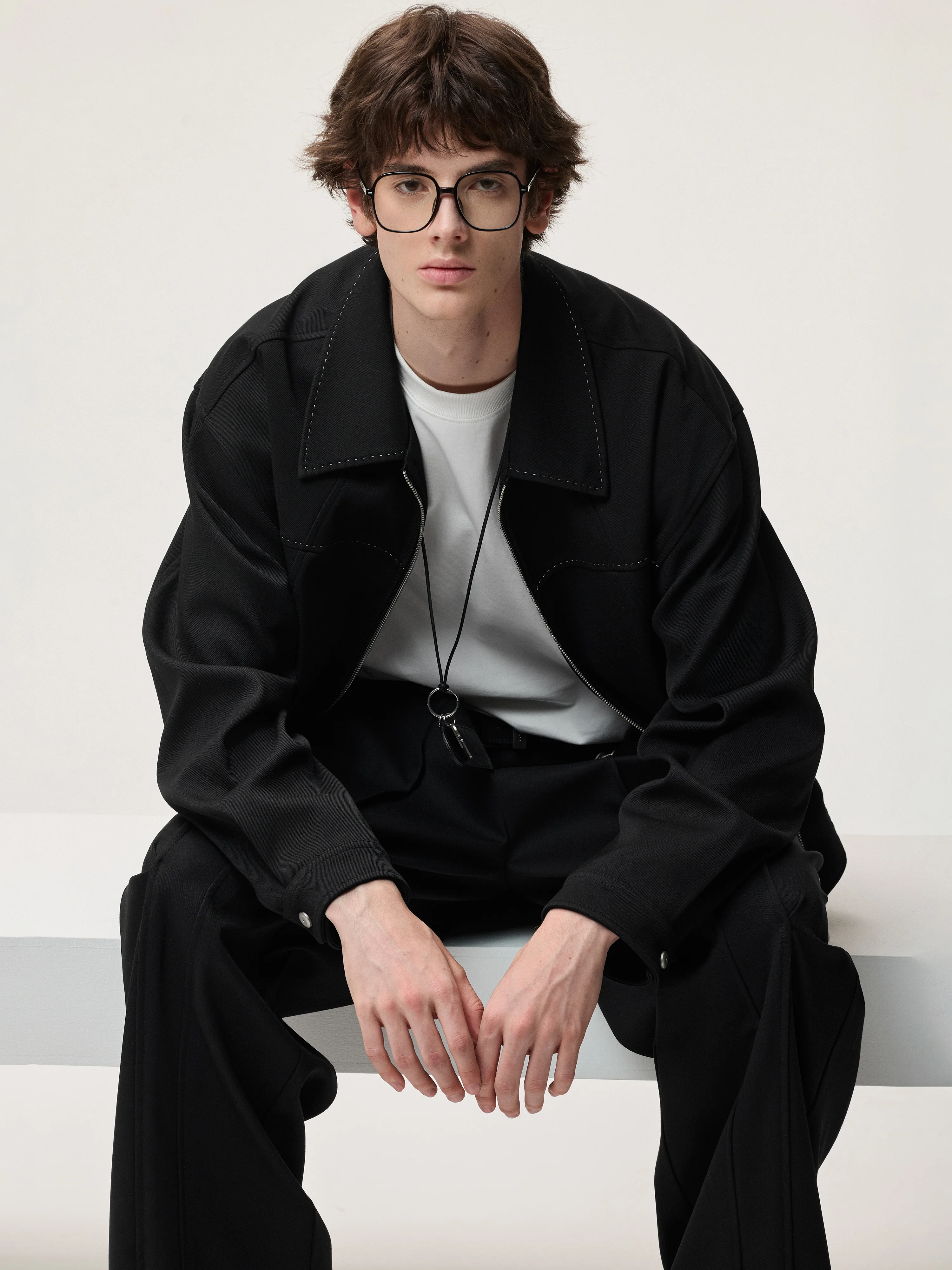 Lilbetter Handmade Loose Men's Jacket Arch Needle Color Block Press Line Spring Autumn Polyester Blend Long Sleeve Zipper Clo...