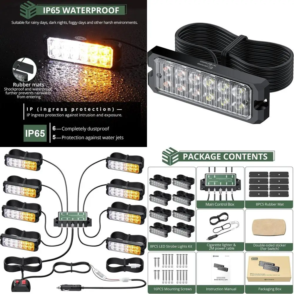 

12-24V Waterproof Amber/White LED Strobe Lights for Vehicles, 14 Modes, IP65, Surface Mount