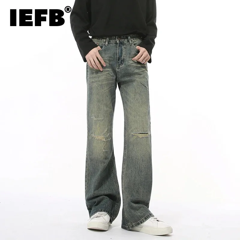 IEFB High Street Men's Denim Pants Hole Design Washing Worn-out Solid Color Straight Loose Wide Leg Casual Male Bottom 9C8886