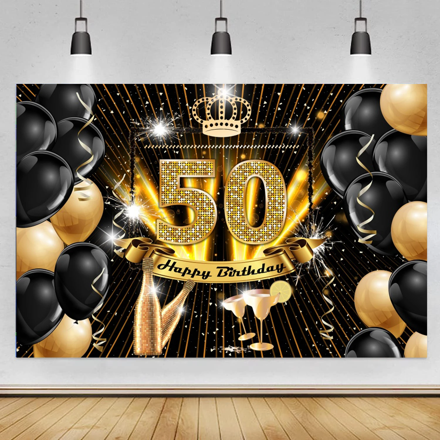 

Black Gold 50th Birthday Photography Backdrop Crown Men Woman 50 Years Old Birthday Party Custom Photo Background Banner Prop