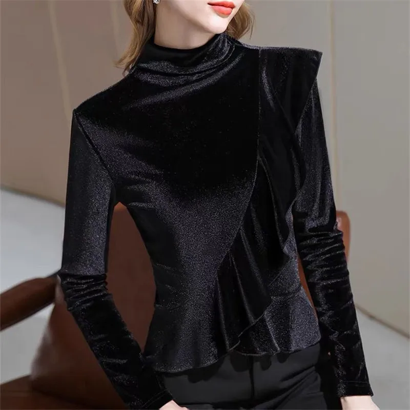 2024 Spring Women' Velvet Bottoming Tops Winter turtleneck Gold Velvet Shirt Autunm Solid ruffled Blouse Femina Blusa camisas