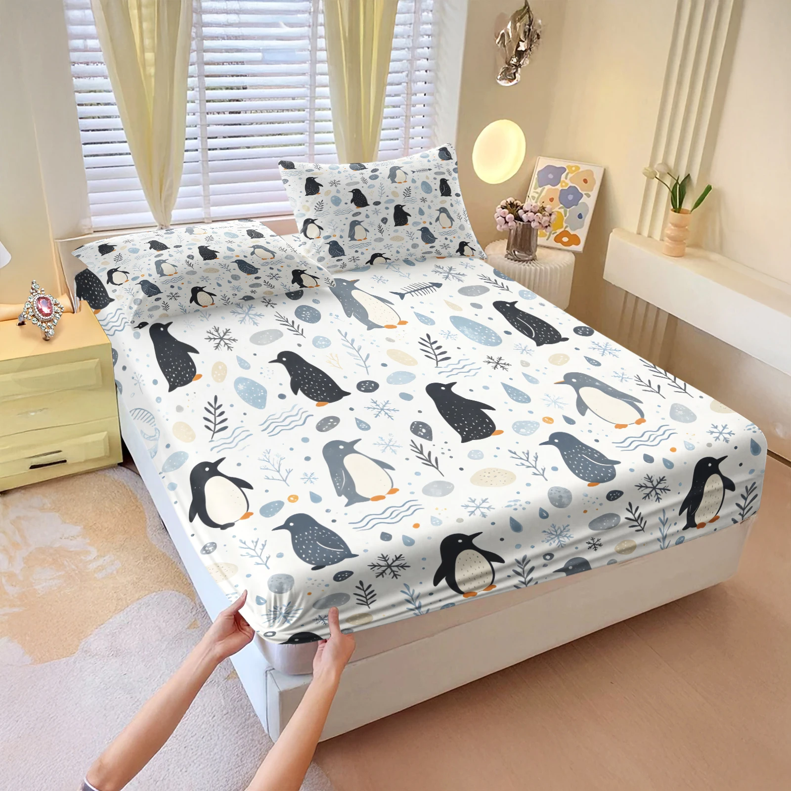 Cute Penguin Fitted Sheet Set Antarctic Snowflake Seaweed Print Bed Sheet with Pillowcases Elastic Deep Pocket Bed Cover Bedding