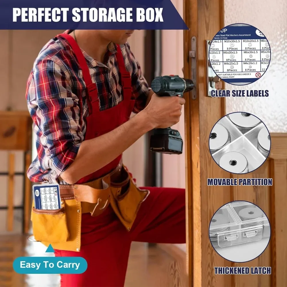 Kit de arandelas surtidas de 100 piezas Arandelas planas de metal de acero inoxidable 304 para tornillos y pernos M3-M12 Herramienta de hardware grande y pequeña