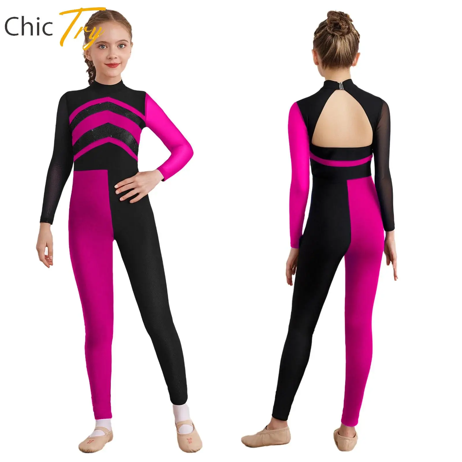 

Kid Girl Athletic Gymnastics Figure Skating Ballet Dance Costume Shiny Sequins Long Sleeves Jumpsuit Stage Performance Dancewear