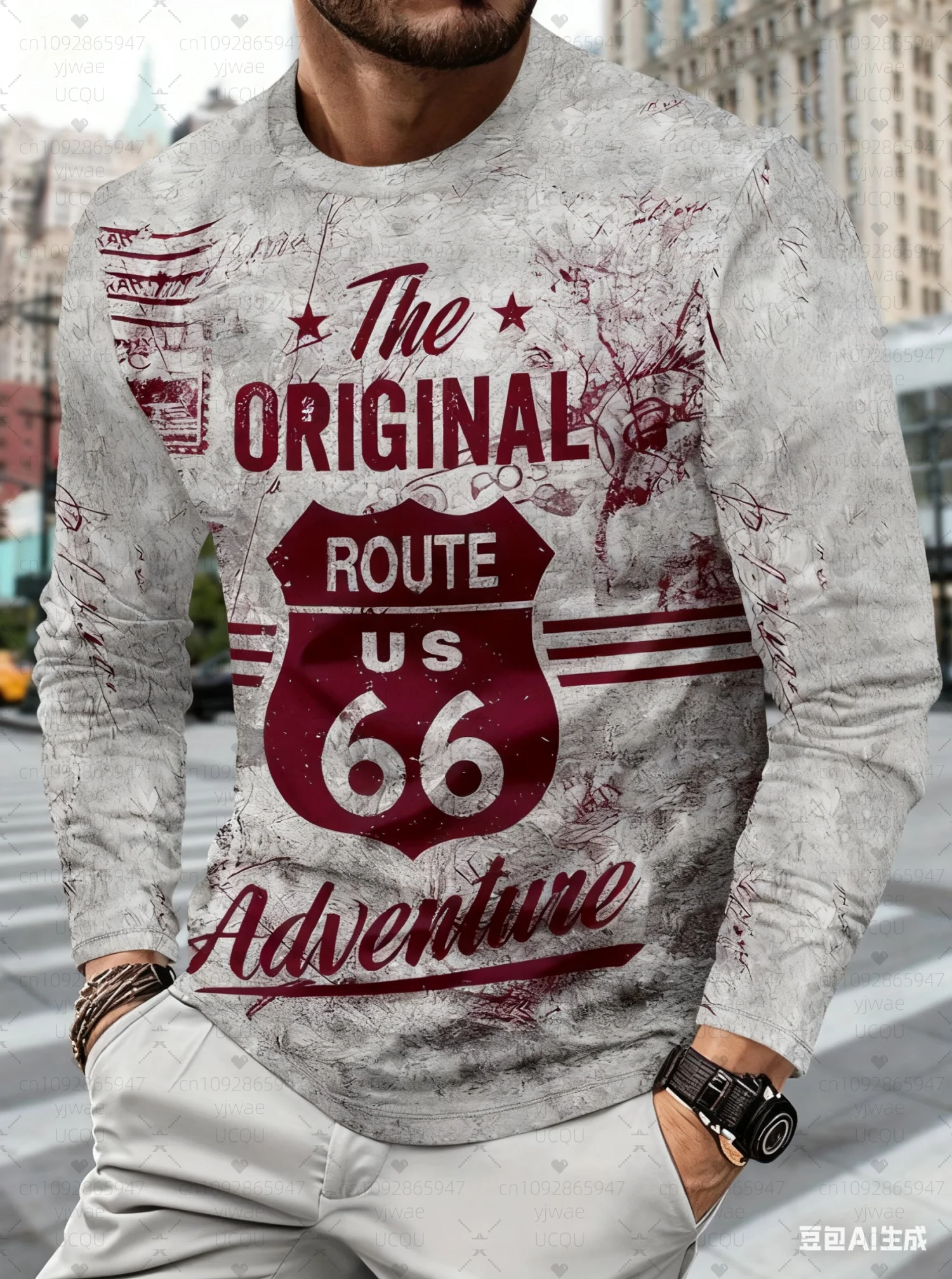 2025 تي شيرت رجالي كم طويل ثلاثية الأبعاد طباعة تي شيرت عادية خمر الرجال Vintage الطريق 66 تي شيرت فضفاض الرياضة س الرقبة الرجال الملابس