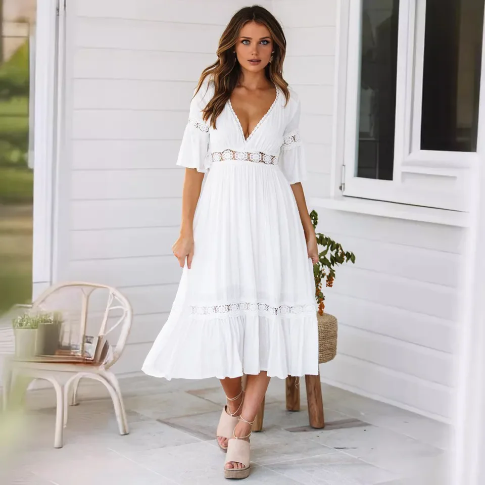 

Crochet Bohemian Lace Patchwork White Long Dress For Women Clothing V Neck Sexy Short Sleeve Maxi Dresses Lady Vestidos Femme