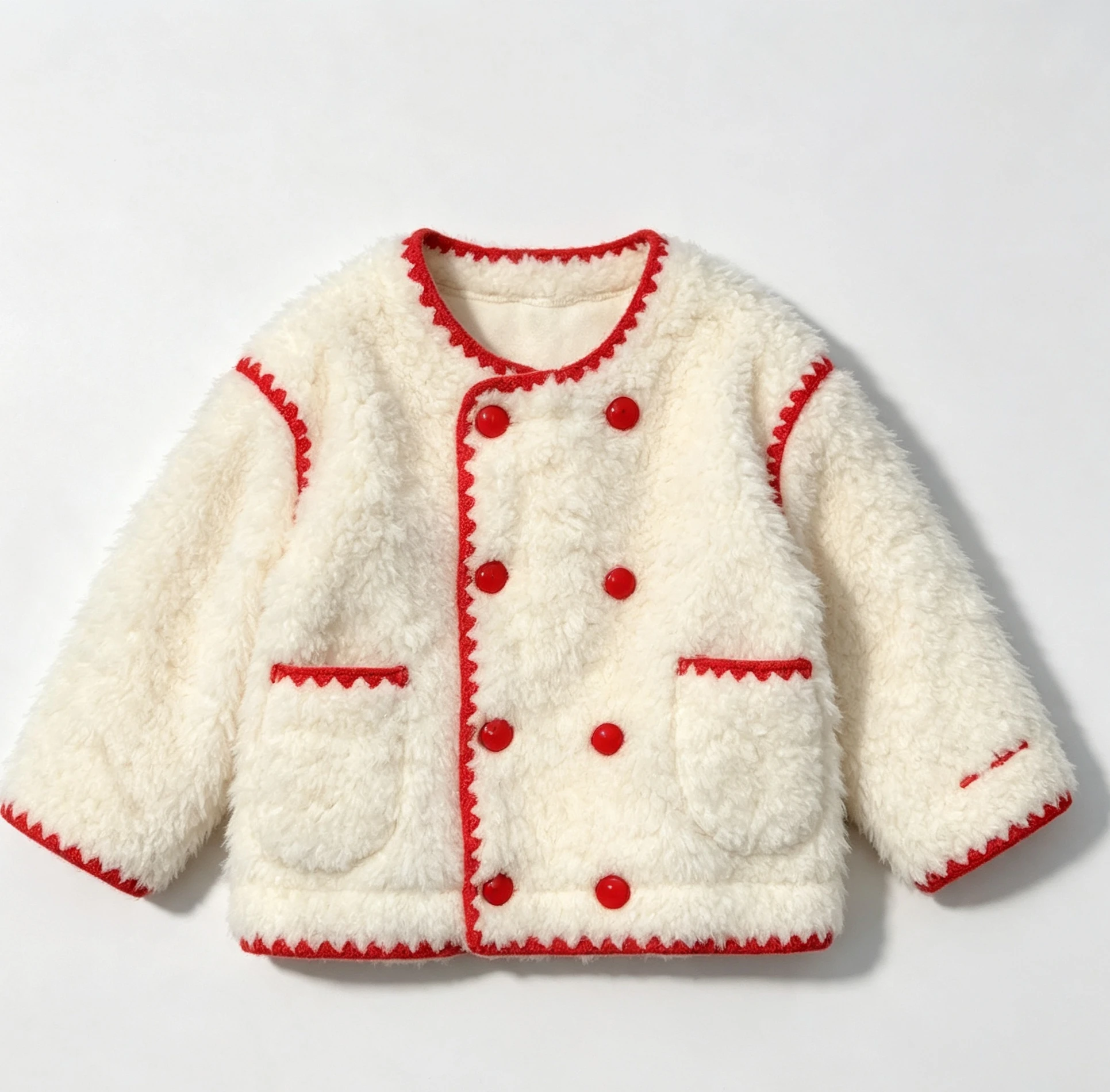 Mädchenmantel 2026 Herbst Winter Koreanischer Mädchenmantel mit Kontrastfarben, Roter Samt, Doppelreihig, Dicker Weißer Pelzmantel – Detail 5