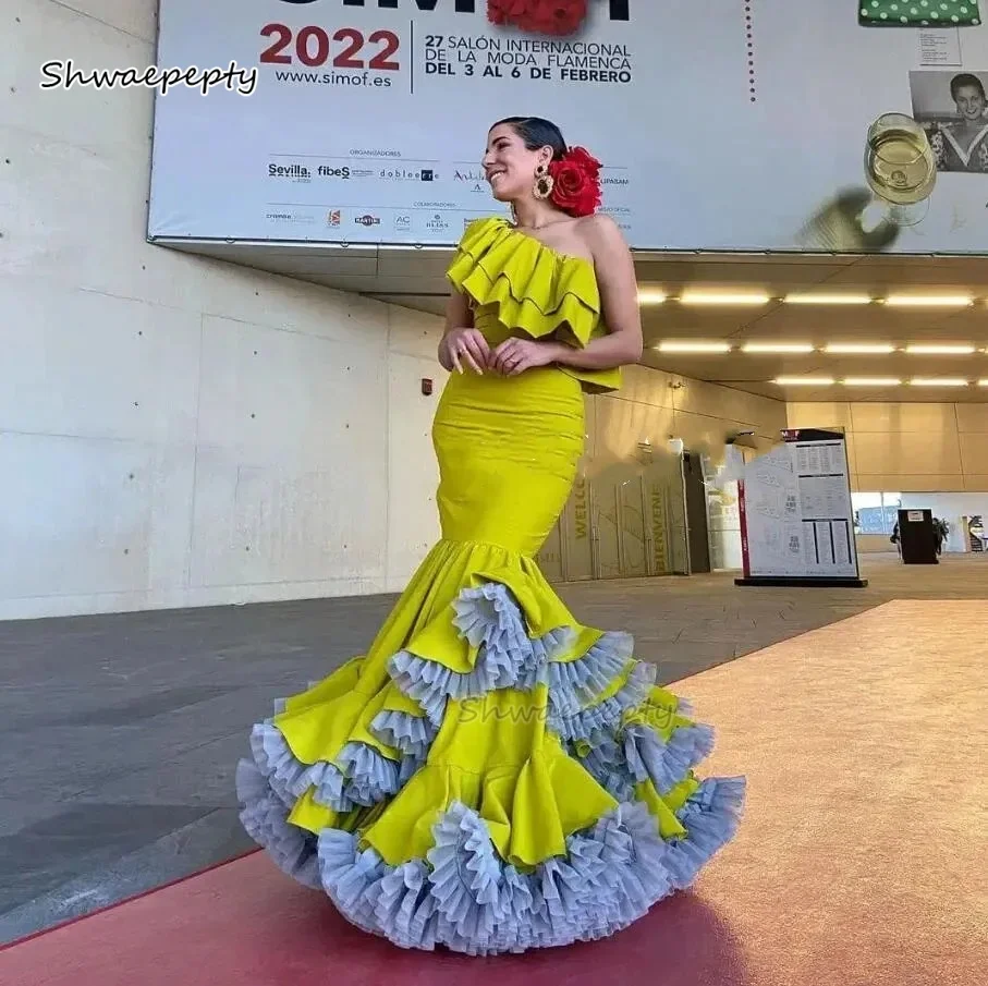 One Shoulder Mermaid Flamenco Style Prom Dress Multi Layer Ruffle Skirt Tulle Hem Vibrant Yellow Formal Party PCustomized
