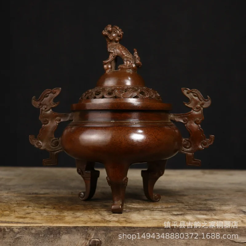 Pure Copper Dragon Lion Double Ear Raised Incense Burner Ornament Craft Gift