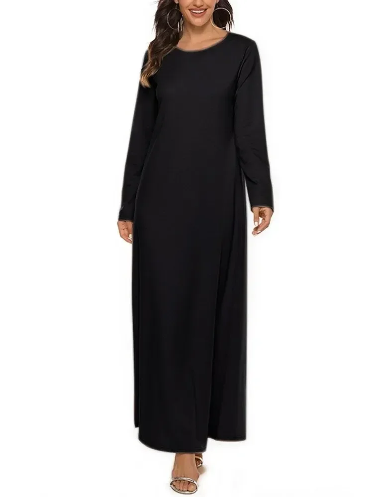2025 New Hot Sale Islamic Women's Muslim Abaya Basic Style Solid Color A- Line Long Sleeve Dress with Belt Casual for Party