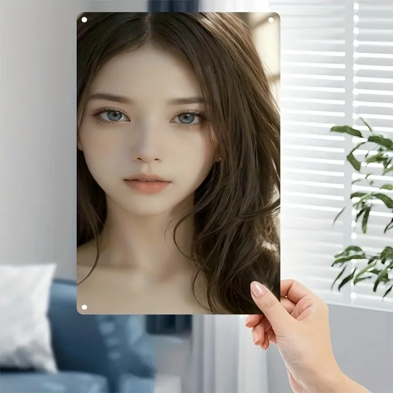 Korean Metal Wall Art Plate, Asian Woman Portrait Sign, Durable 2D Flat Iron Decor for Home Bar Cafe