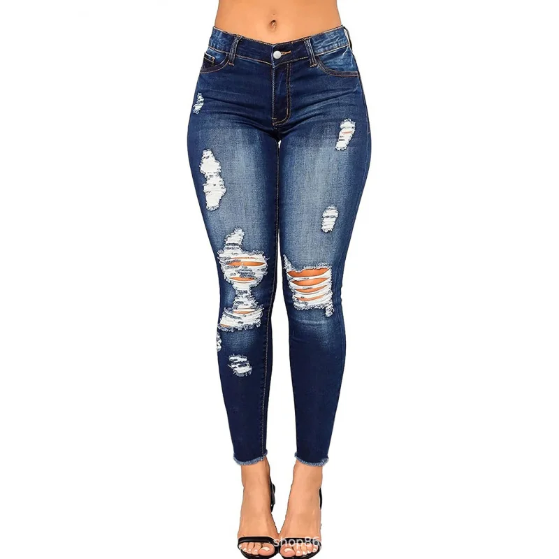 Cross-Border European and American plus Size Blue with Holes Denim Skinny PantsTEMUAmazonSHEINForeign TradeTKAliexpress