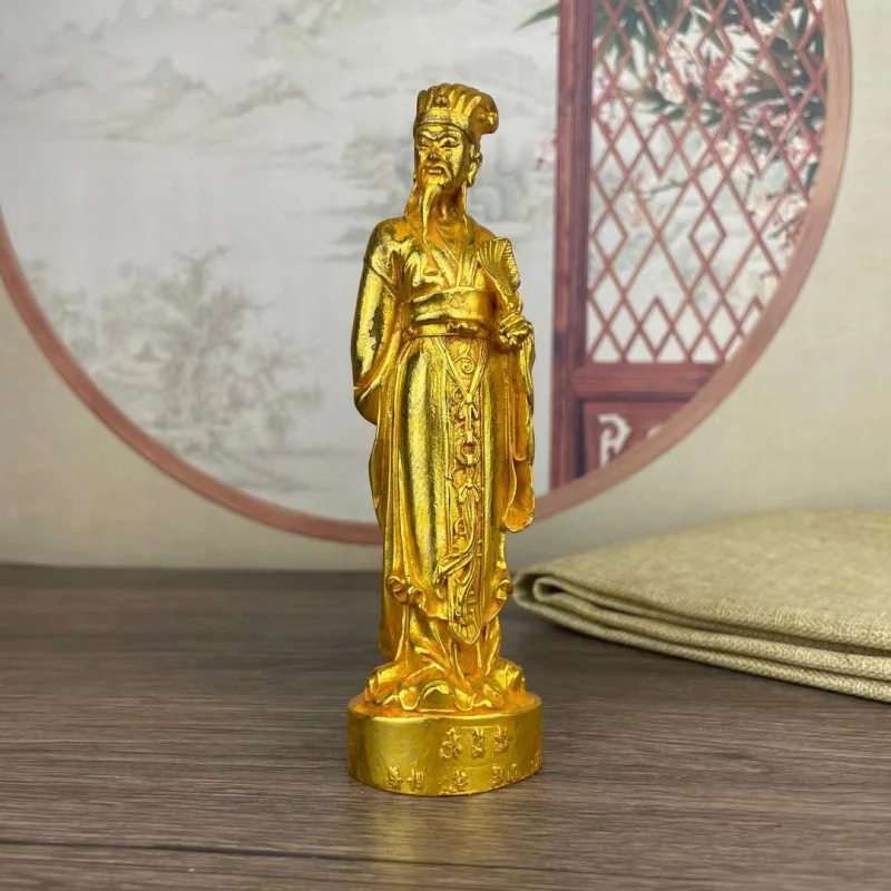 Gilt Brass Statue of Zhuge Liang, Decorative Craft for Home Worship and Decoration