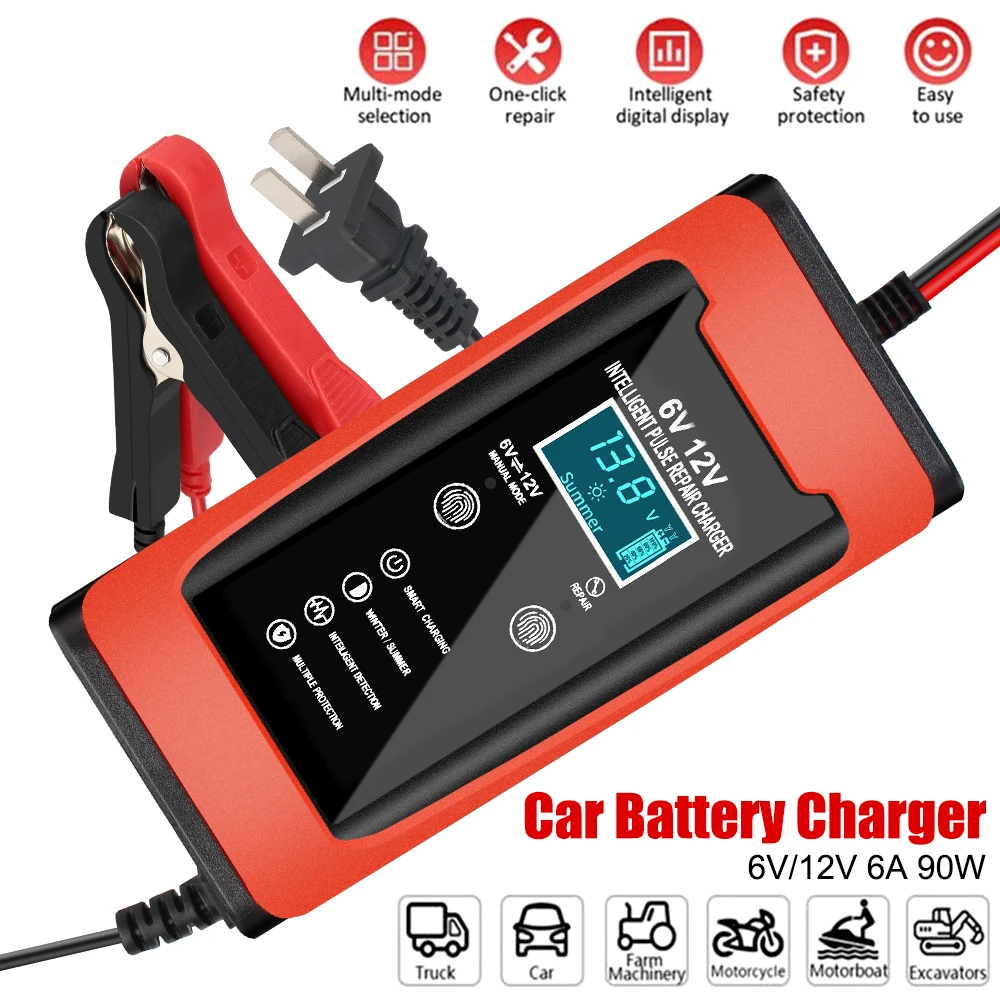 6V 12V 6A Car Battery Charger Auto Motorcycle Smart Fast Charge Pulse Repair LCD Display Cycle GEL Lead-Acid Charger