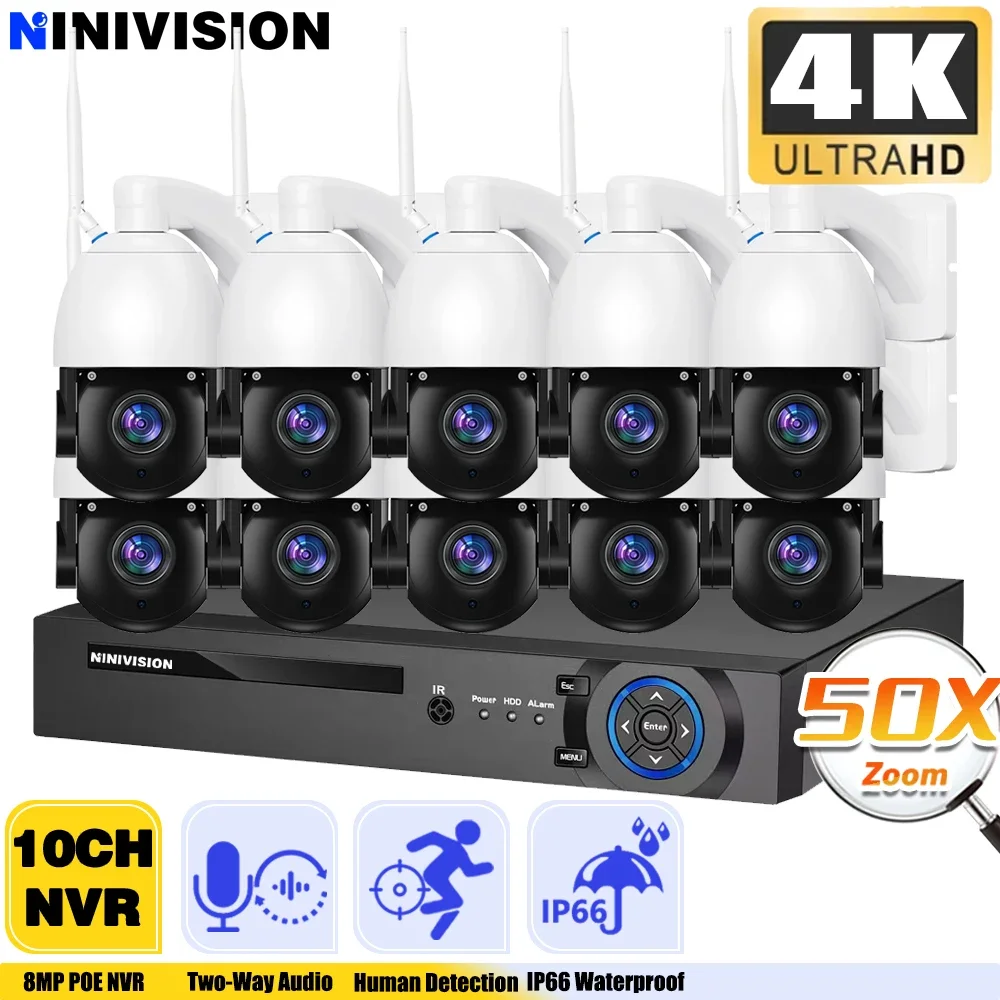 10CH NVR 8MP Wif PTZ IP Security Camera Outdoor Kit CCTV Speed Dome Cameras Video Surveillance System 4K 50X Optical Zoom ICSEE