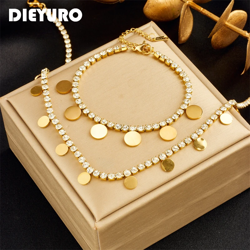 DIEYURO 316L Stainless Steel Round Choker Necklace Bracelets For Women Girl Luxury Zircon Chain Waterproof Jewelry Set Wedding