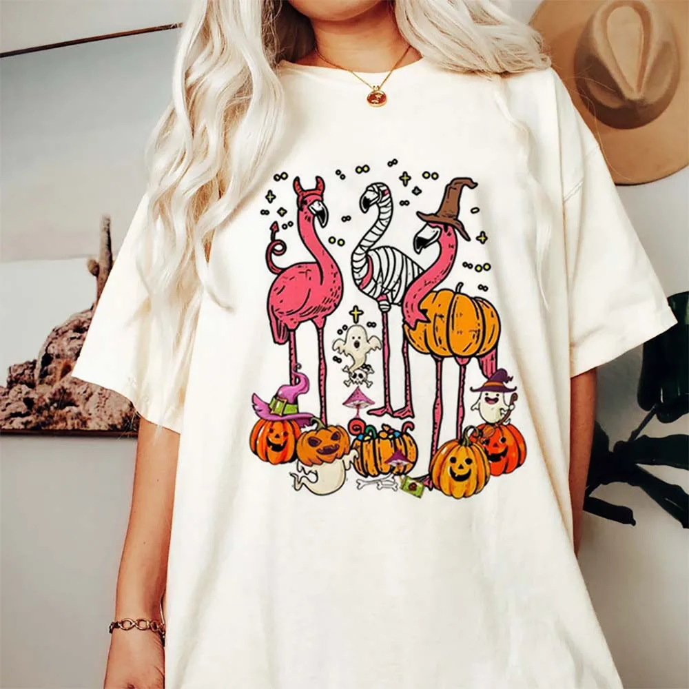 

Модная Винтажная Футболка с принтом Фламинго На Хэллоуин, повседневный стиль, мультяшный Забавный базовый модный топ с круглым вырезом, новинка 2024, летняя футболка
