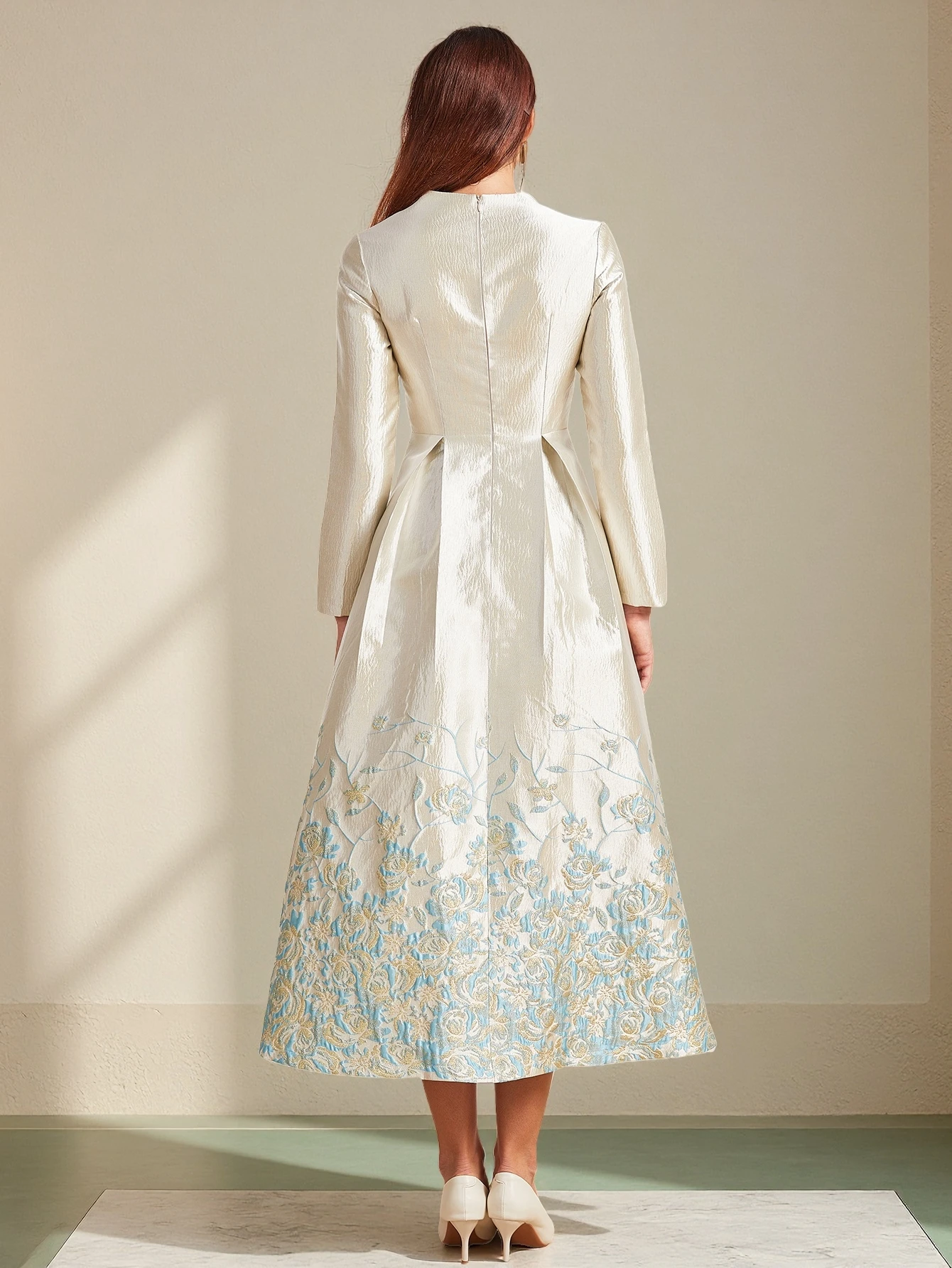 DEVCHATA Elegant Women Luxury Jacquard Long Maxi Dress Female Fashion New Arrival Floral Embroidery Evening Party Robe