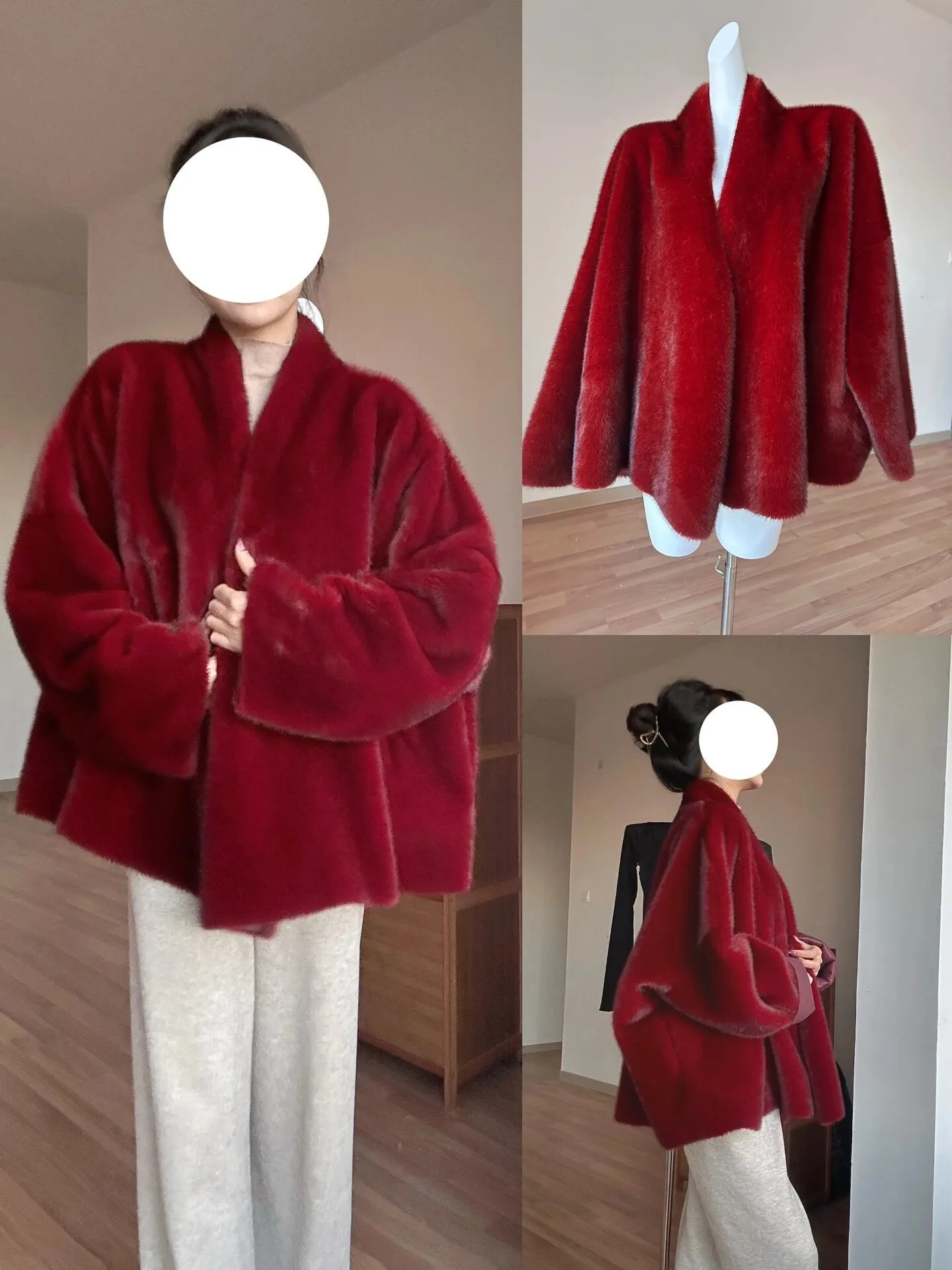 

Красная Экологичная Шуба из Искусственного Меха для Женщин, V-образный Вырез, Длинный Рукав, Имитация Норки, Верхняя Одежда Осень-Зима, Премиум-Качество, С Элементами Кожаной Отделки