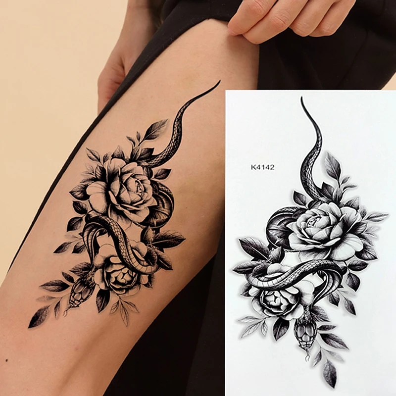 Temporary Tattoo Sketch Line Black Snake Dragon Rose Flowers Fake Tattoo Sticker Arm Sleeve Thigh Sexy Women Body Art Waterproof